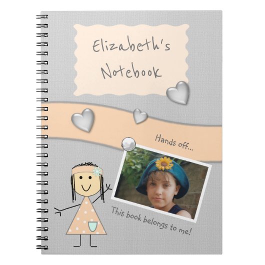 ハートと写真付きの名前が入ったピンクとグレーのノート ノートブック (正面)