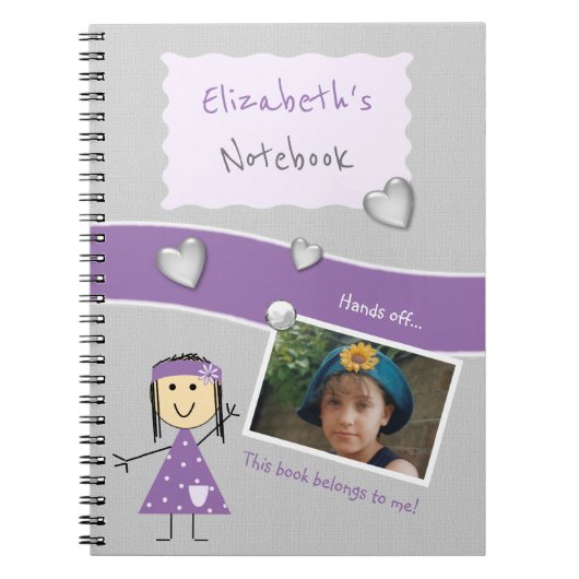 ハートと名前、写真が付いた紫と灰色 ノートブック (正面)