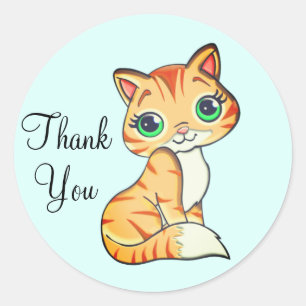 ハートと子猫のライトブルーThank Youデザイン ラウンドシール