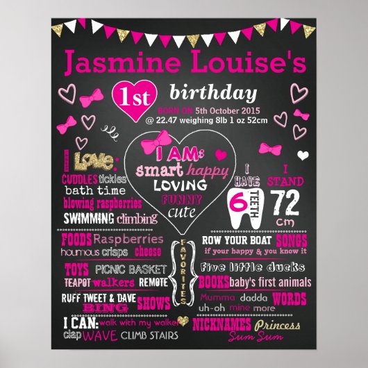 ハートと弓の最初の誕生日の時計の看板 ポスター (正面)