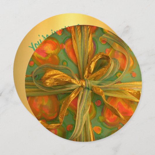 ハートと弓の赤い緑のギフトラップ 招待状 (正面/裏面)