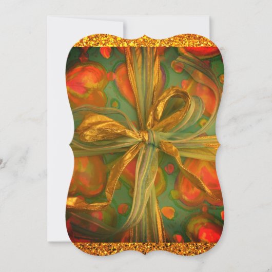 ハートと弓の赤と緑のグリッターリボンギフト 招待状 (正面)