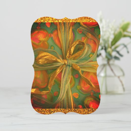 ハートと弓の赤と緑のグリッターリボンギフト 招待状 (スタンド正面)