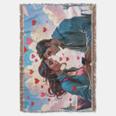 ハートと恋のカップル飛んでいる-ブランケット スローブランケット (正面縦)