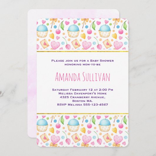 ハートと愛の水の色のパターン赤ちゃんシャワー 招待状 (正面/裏面)