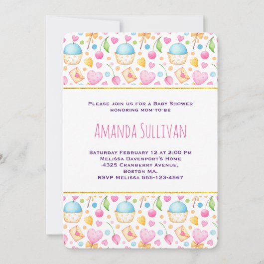 ハートと愛の水の色のパターン赤ちゃんシャワー 招待状 (正面)