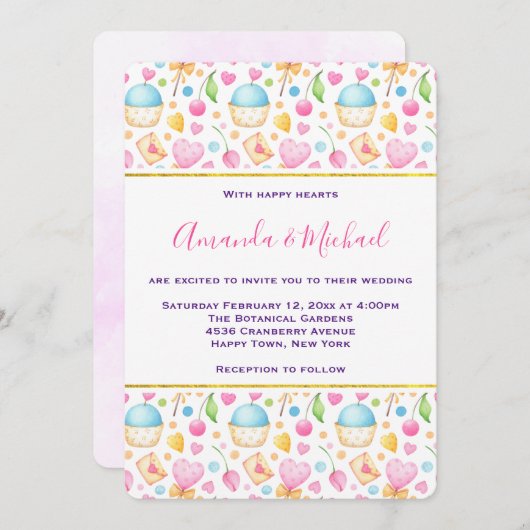 ハートと愛の水の色パター結婚ン 招待状 (正面/裏面)