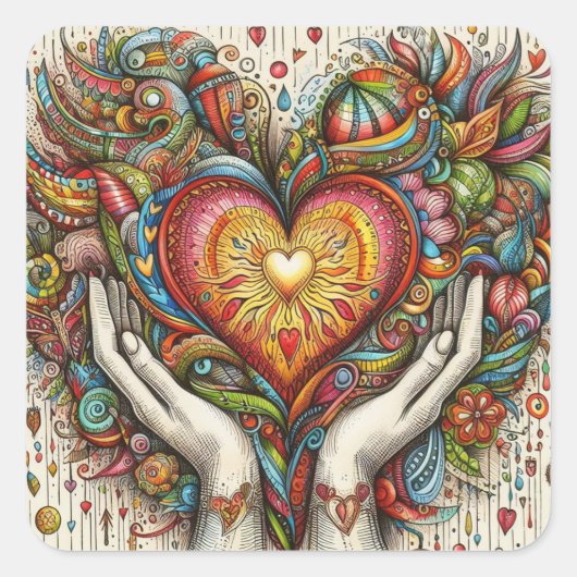ハートと手 スクエアシール (正面)