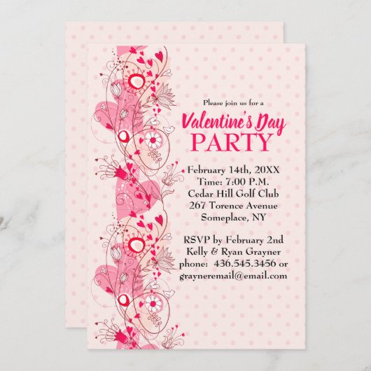 ハートと水玉模様バレンタインパーティの招待状 招待状 (正面/裏面)