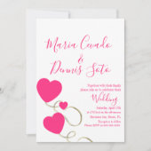 ハートと渦巻きスクリプトピンク結婚金ゴールド 招待状 (正面)