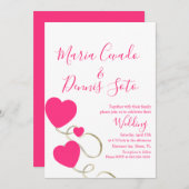 ハートと渦巻きスクリプトピンク結婚金ゴールド 招待状 (正面/裏面)
