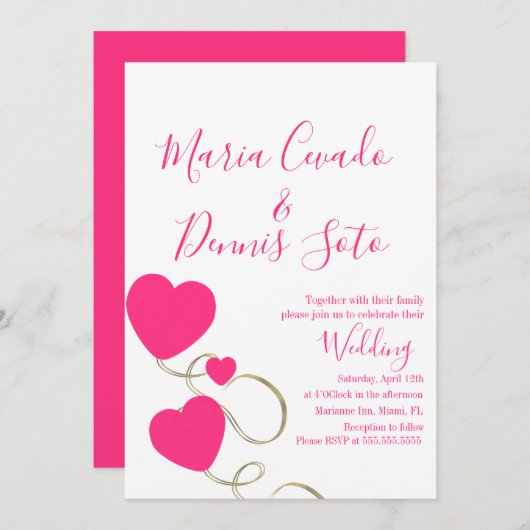 ハートと渦巻きスクリプトピンク結婚金ゴールド 招待状 (正面/裏面)