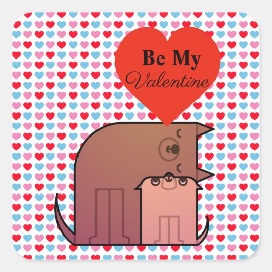 ハートと犬カップルのバレンタインデステッカー スクエアシール (正面)