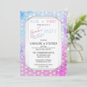 ハートと紙吹雪ピンクブルージェンダーがパーティーを表示 招待状 (スタンド正面)