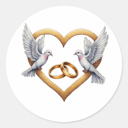 ハートと結婚指輪のロマンティックな鳥たち ラウンドシール (正面)