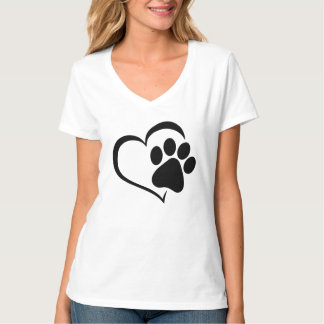 ハートと肉球プリントのレディースTシャツ - かわいい犬好きデザイン Tシャツ