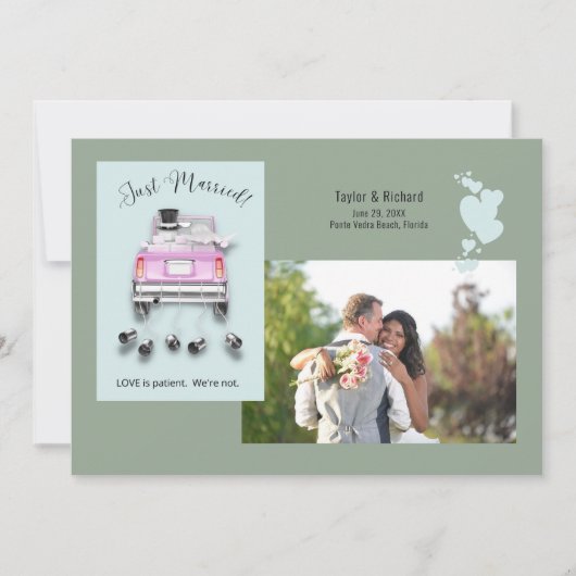 ハートと自動車/たった今結婚しました結婚の発表 招待状 (正面)