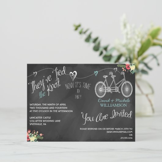 ハートと自転車の黒板が結婚式後の招待 招待状 (スタンド正面)