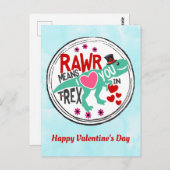 ハートと花でいっぱいの黒のトップハットをかぶった緑のT-Rexがキュートで面白いバレンタイン ポストカード (正面/裏面)