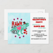 ハートと花で飾られた黒のトップハットをかぶった緑のT-Rexの絵がかわいいバレンタインの招待状 ポストカード (正面/裏面)