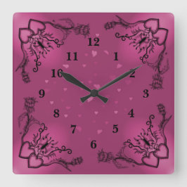 ハートと花と蝶のタトゥースタイル スクエア壁時計