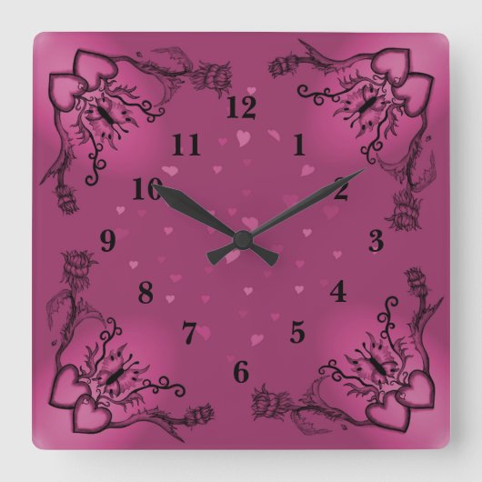 ハートと花と蝶のタトゥースタイル スクエア壁時計 (正面)