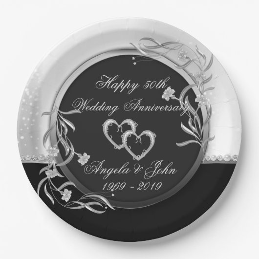 ハートと花のシルバー 結婚記念日 ペーパープレート (正面)