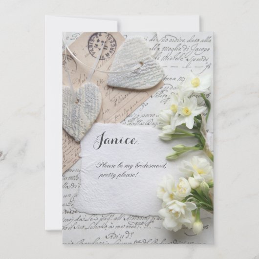 ハートと花の古いスクリプト 招待状 (正面)