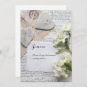 ハートと花の古いスクリプト 招待状 (正面/裏面)