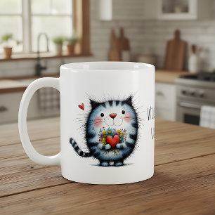 ハートと花を持つ猫、バレンタインになってくれる? コーヒーマグカップ