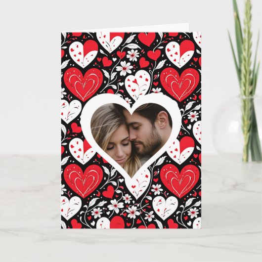 ハートと花パーソナライズされた写真とメッセージ シーズンカード (正面)