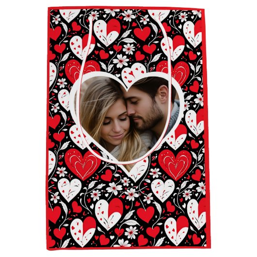 ハートと花パーソナライズされた写真バレンタイン ミディアムペーパーバッグ (正面)