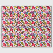 ハートと花水彩バレンタインパターン ラッピングペーパー (フラット)