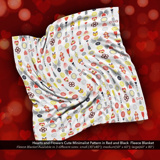 ハートと花赤と黒かわいいミニマリスト フリースブランケット