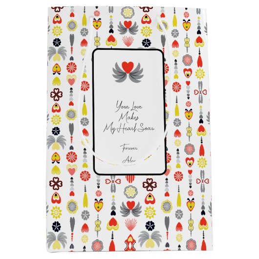 ハートと花赤と黒かわいいミニマリスト ミディアムペーパーバッグ (正面)