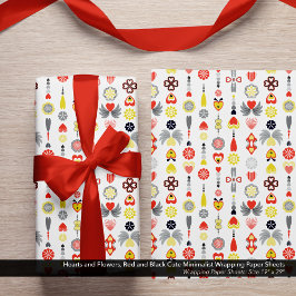 ハートと花赤と黒かわいいミニマリスト ラッピングペーパーシート