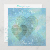 ハートと蝶の青い招待状アナウンセメン 招待状 (正面/裏面)