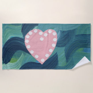 ハートと貝殻と波2 ビーチタオル