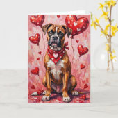 ハートと赤い背景のバレンタインデーのボクサー犬 カード (黄色い花)