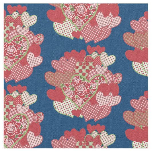 ハートと赤バラの房カスタム布 ファブリック (クローズアップ)