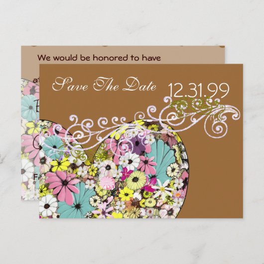 ハートと野生の花の日付を保存 案内ポストカード (正面/裏面)