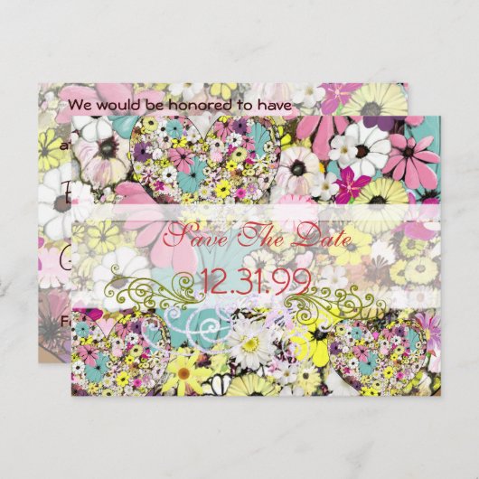 ハートと野生の花の日付を保存 案内ポストカード (正面/裏面)