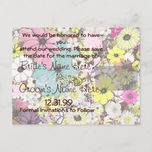 ハートと野生の花の日付を保存 案内ポストカード (裏面)