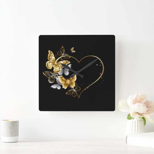 ハートと金蝶 スクエア壁時計 (ホーム)