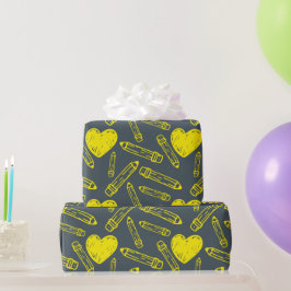 ハートと鉛筆：シームレススクールラッピング紙 ラッピングペーパー