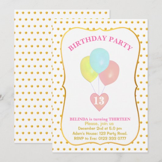 ハートと風船の13歳の誕生日招待状 招待状 (正面/裏面)