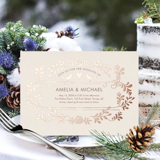 ハートと鳥の結婚式の箔押し招待状 箔招待状