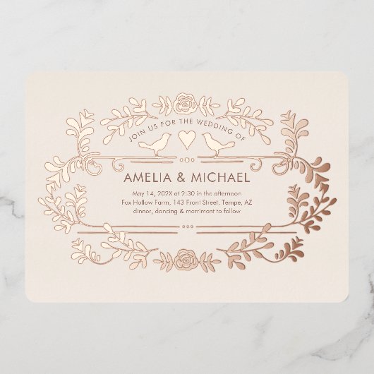 ハートと鳥結婚の箔招待状 箔招待状 (正面)