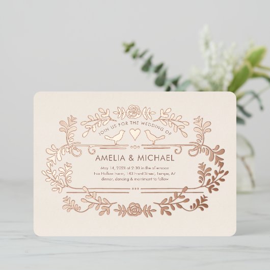 ハートと鳥結婚の箔招待状 箔招待状