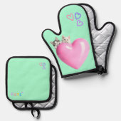ハートにちょこんと乗るかわいい猫たち♡ 鍋つかみ&鍋敷きセット (正面/裏面)